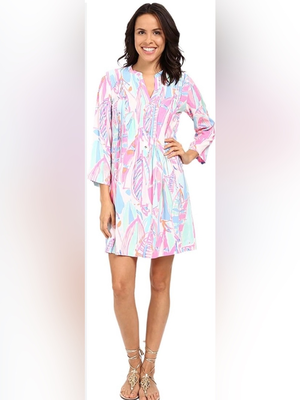 Lilly Pulitzer Pensacola Tunic V-Neck Dress Out To Sea Size XS White Multi